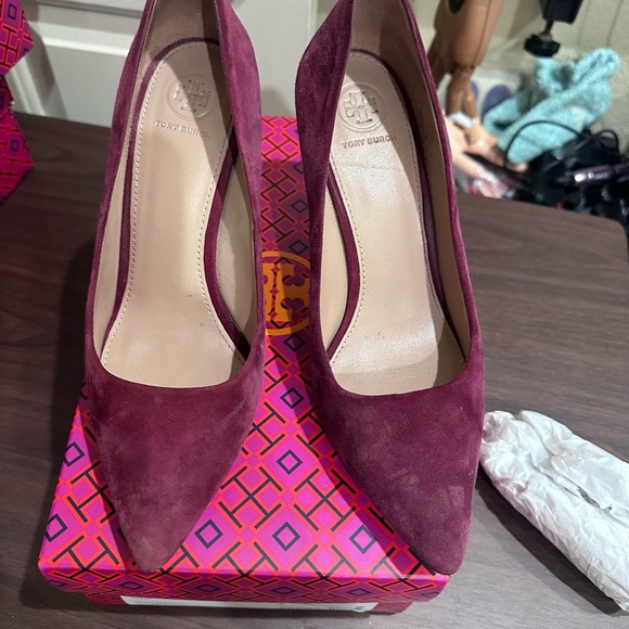 Tory Burch Women's Burgundy Suede Heels - Picture 2 of 3